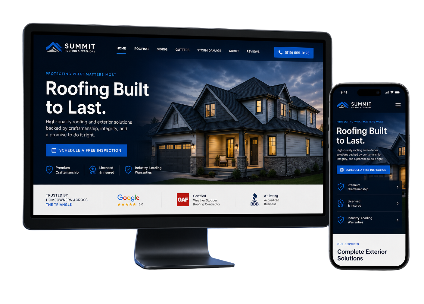 A contractor website shown on a desktop monitor and a smartphone